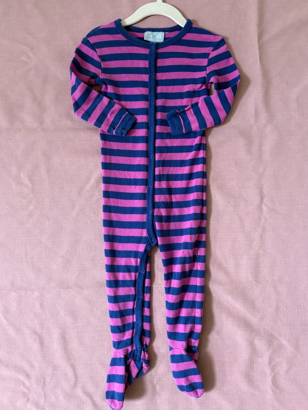 🌸 Baby Girl Striped Footed One-Piece Pajamas in Pink and Navy